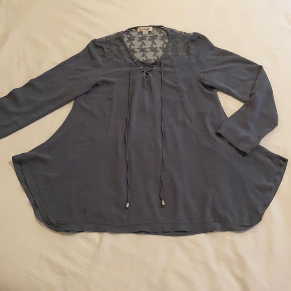 Cute cotton long sleeve swing blouse with lace and front drop cords. Sage green.